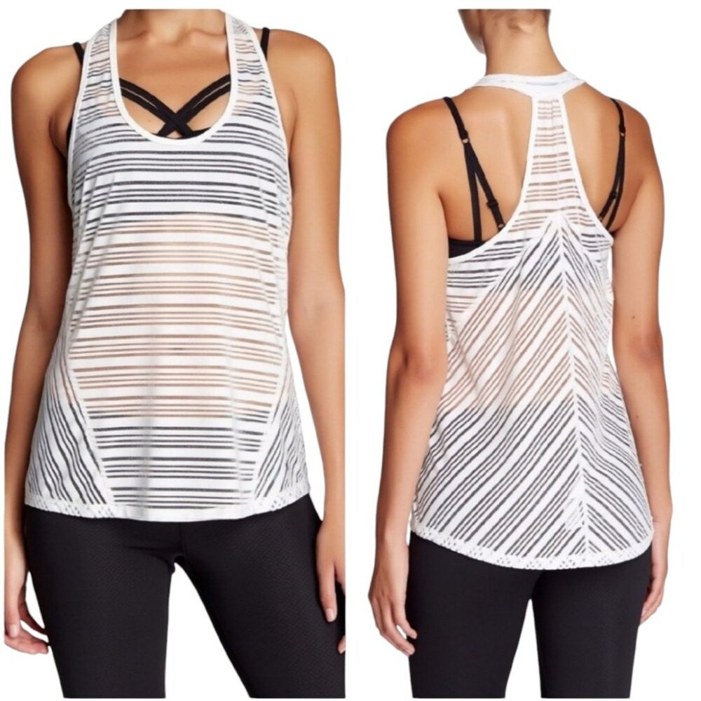 Caelum  Tank Top Women's Size Small White Sheer Striped Racerback Sleeveless Top
